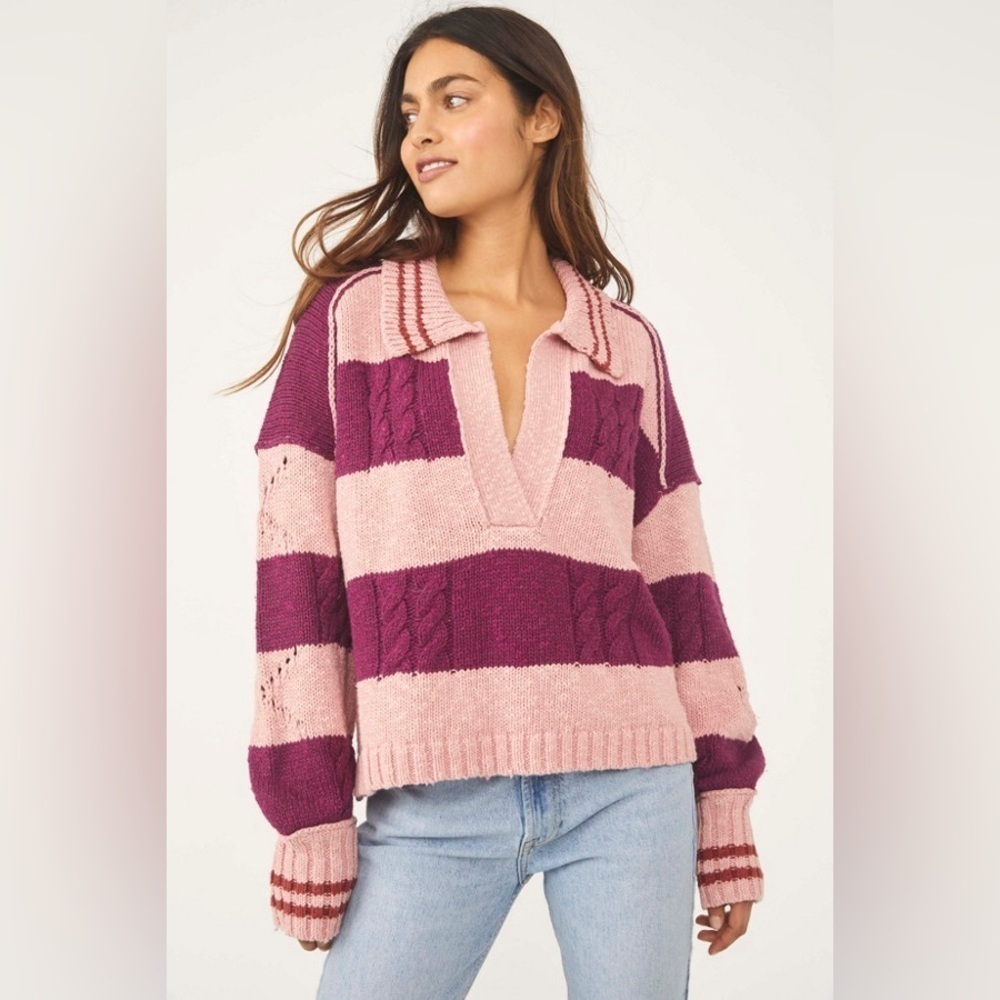 NWT Free People Pembrook Striped Cable-Knit Moody Pink Oversized V-neck Sweater